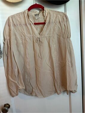 Haute Hippie Soft Cream Peasant Blouse with Lace Trim